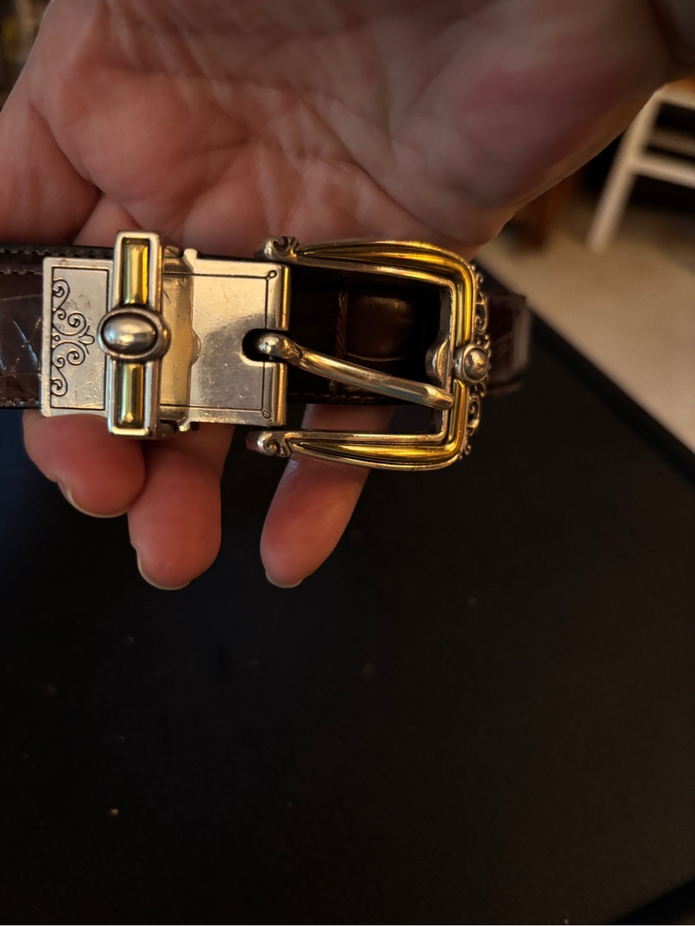 Source Unknown Brown Leather Belt with Gold Tone Buckle